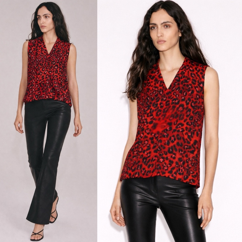 🆕NWT Tahari Red Leopard Print Sleeveless Top Size Large V-Neck Pullover